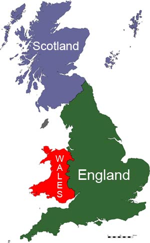 Map of Great Britain showing the 3 countries of England, Scotland, and Wales