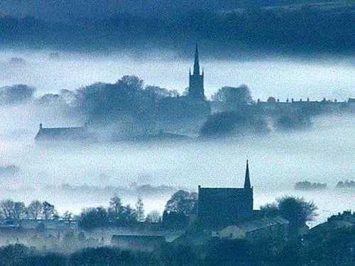 St Anne's Church and Edgworth Metodist Church with low cloud.