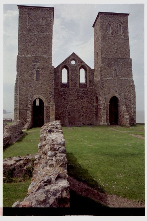 The twin towers of the Reculver church (12th century) and remains of the Roman fort.