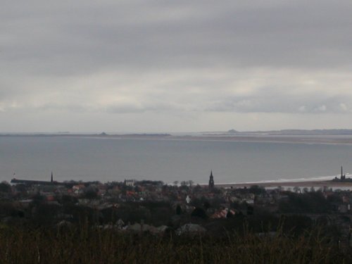 Berwick from halidon hill, Holy island and Bamburgh castle in background