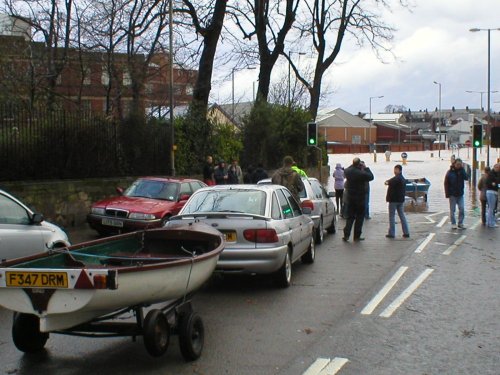 Boats in queue for flood 2005. Carlisle, Cumbria