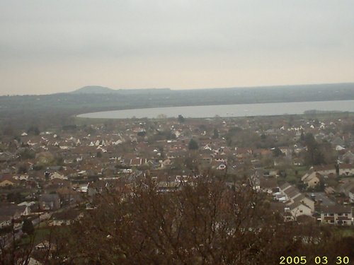 Cheddar and Reservoir from observation tower at the top of Jacob's Ladder, Cheddar Gorge