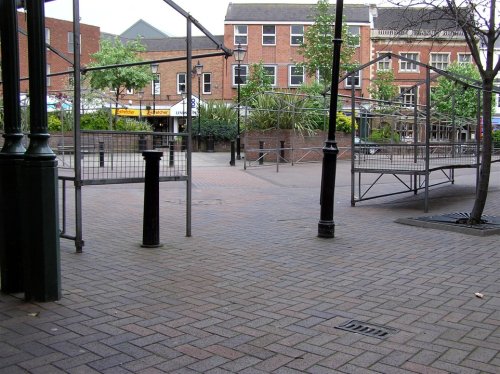 Market Place, Gainsborough. The stalls are set out ready for Market Day the next day