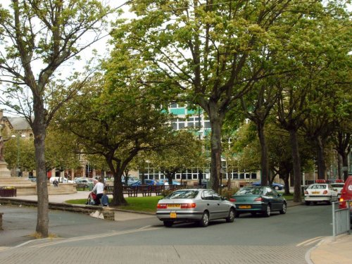 Looking towards Cavendish Street, Keighley, from the side of the war memorial.