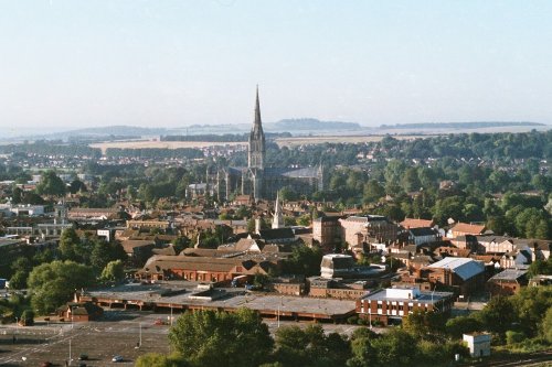 Salisbury Cathedral from the air 3/08/2003. Taken on a steam driven Pentax from a hot air balloon