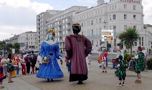 Eastbourne, E. Sussex, mummers on the promenade