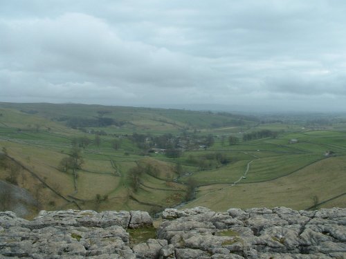 Malham village from the top of Malham Cove, Yorkshire Dales.