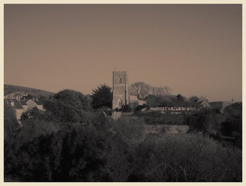 View of the Church from the hill of which St. Catherine's Chapel stands upon, Abbotsbury, Dorset.