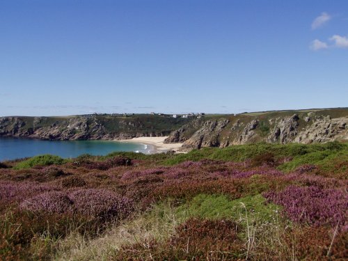 Minack Theatre, from Treen Cliffs across Porthcurno and Treen Beaches, Cornwall