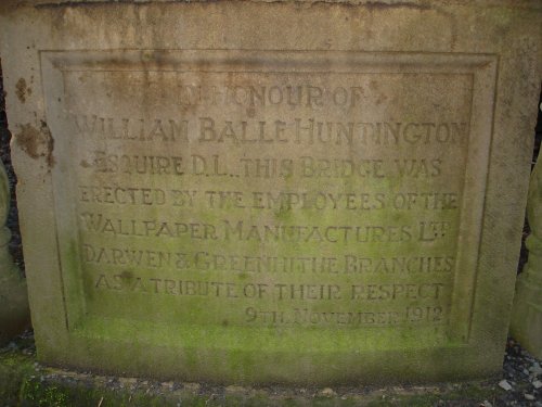 The inscription on the Huntington Bridge, Sunnyhurst Woods, Darwen, Lancashire.