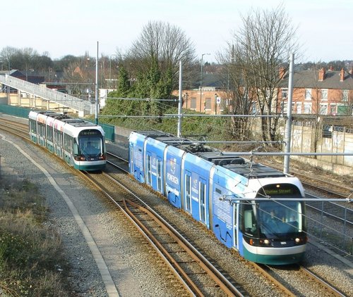 Trams passing at Basford, Nottingham