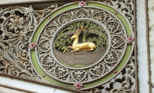 Derby's emblem, the 'Buck in the Park' on the old railway bridge, Friar Gate, Derby