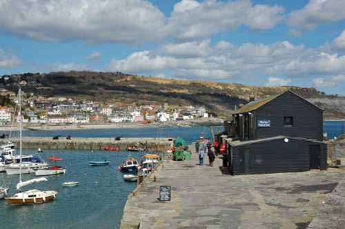 A view of the Marine Aquarium on the old Cobb with Lyme regis, Dorset, in the background.