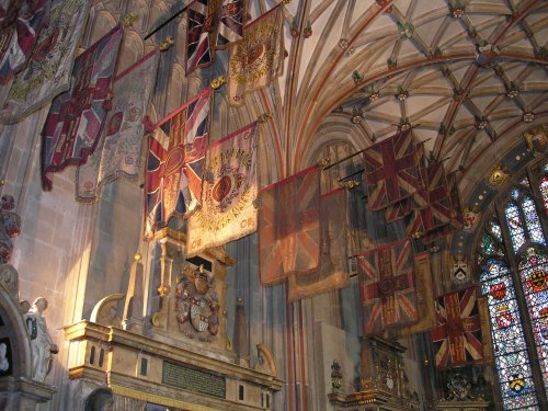 Flags hanging inside of Canterbury Cathedral, Sept. 2005