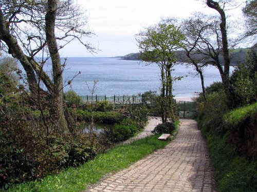 Trebah Garden, Cornwall. Looking down onto the beach on Helford River.