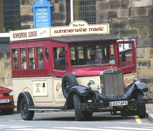'Last of the Summer Wine' Tourist bus in Holmfirth Village, West Riding