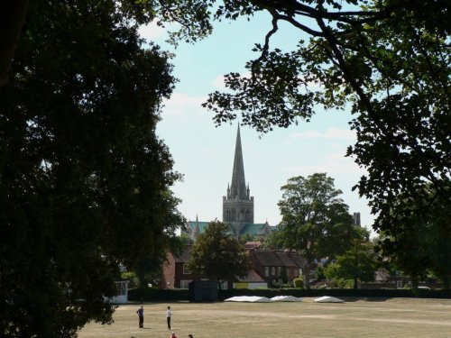 Chichester Cathedral from  the city walls in Priory Park