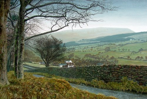 Looking from the brow of Pasture Lane over Roughlee towards The brooding Pendle Hill, Lancashire