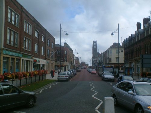 Looking up Duke Street, Barrow in Furness, Cumbria, towards the Town Hall