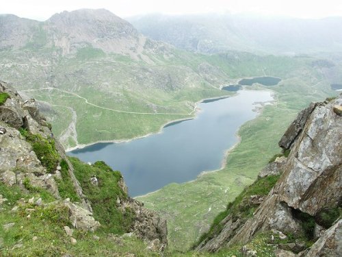 Llyn Llydaw and Crib Goch seen from the summit of Lliwedd, Snowdonia.