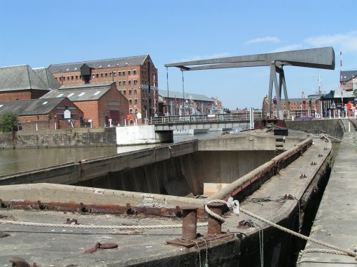 Concrete barge and draw bridge at Gloucester Dock, Gloucestershire