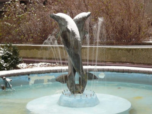 Water feature in Barbican centre, London, during the one day of snow.