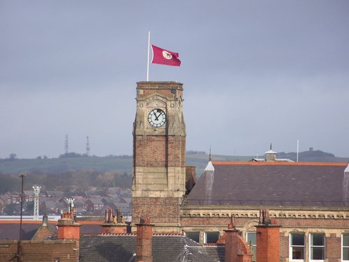 St Helens Town Hall Clock, Merseyside. Taken from Chalon Way multi-story car park.