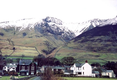 Threlkeld Village, Cumbria. The Knowe crags in the background.
