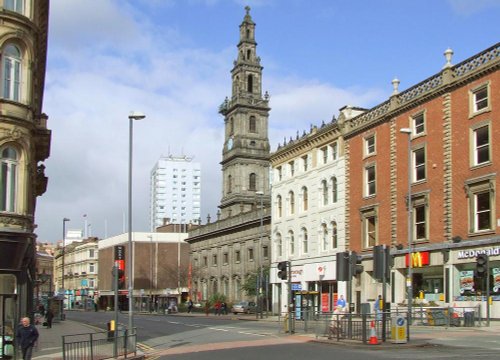 Boar Lane showing Trinity Church, Leeds, West Yorkshire.