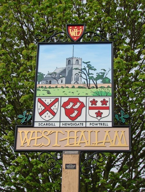The village sign at Mapperley Crossroads, West Hallam, Derbyshire