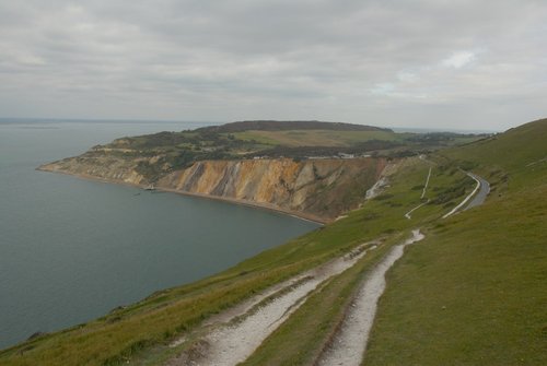 Cliffs below Needles Park and solent from Needles Old Battery.