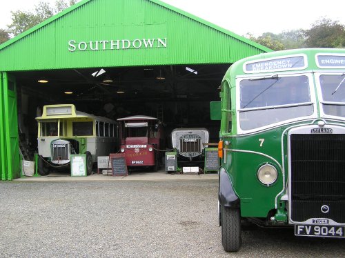 Bus garage and old buses at Amberley