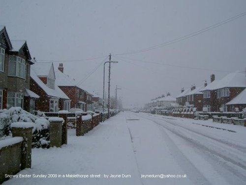 Snowy street in Mablethorpe, Lincolnshire