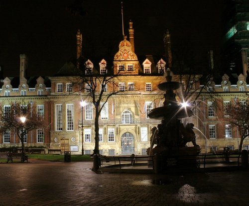Leicester Town Hall Square at night