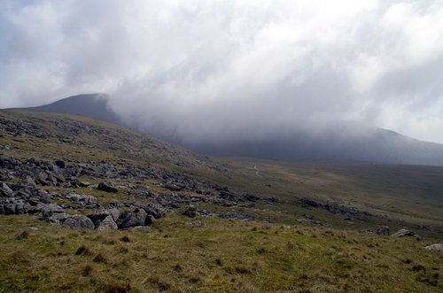 Snowdon peak covered in cloud.