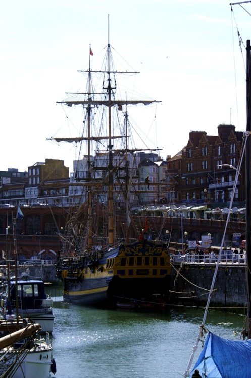 Old three masted sailing ship.