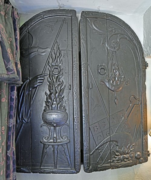 Carved oak cupboard doors, Holdsworth House