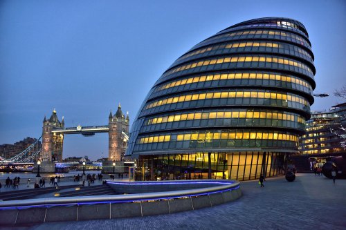 Evening View of City Hall and Tower Bridge, London