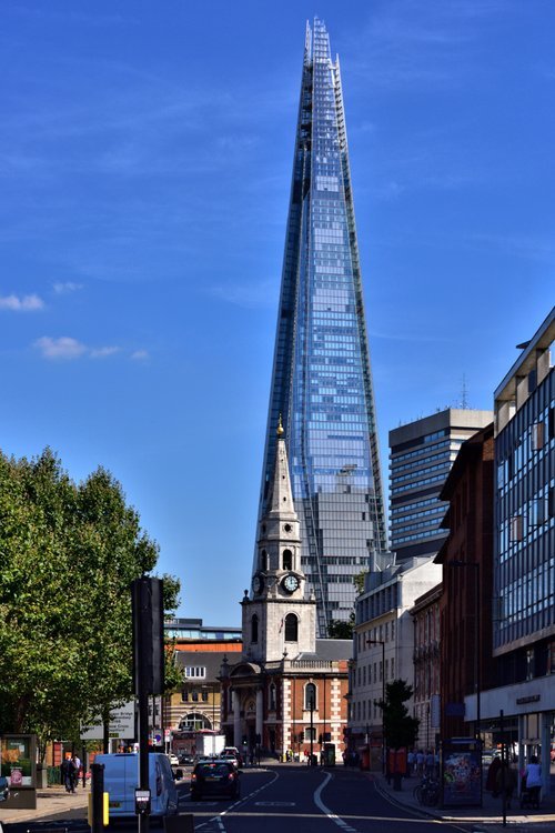 The Church of St George the Martyr on Borough High Street with The Shard Behind