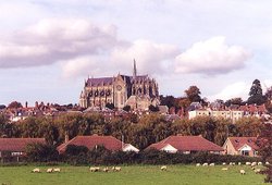 View of the cathedral in Arundel from the valley below. Wallpaper