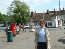 My wife Lynne in Sandy town center, outside the Postoffice. Wallpaper