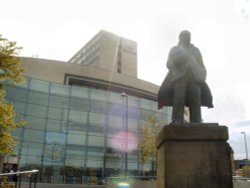 Statue of J. B. Priestley, Novelist, Playwright and  Critic, born in Bradford 1894. Wallpaper