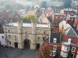 Exchequergate viewed from the roof of Lincoln Cathedral's West Front Wallpaper