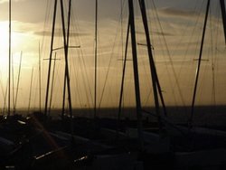 The masts of the Whitstable yacht club at sunset. Whitstable, Kent Wallpaper