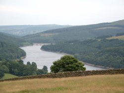 Ladybower Reservoir & A57 bridge, taken from Pike Low, Peak District. Wallpaper