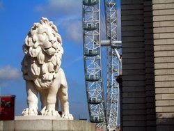 Lion of Trafalgar square with Millenium Wheel in background, London Wallpaper