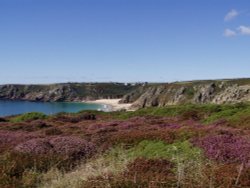 Minack Theatre, from Treen Cliffs across Porthcurno and Treen Beaches, Cornwall Wallpaper