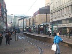 Tram Stop, Market Street, City Centre Manchester. Wallpaper