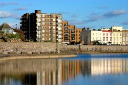 View across marine lake to the town of Weston-super-Mare, Somerset Wallpaper