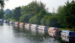 Boats Lined up along the River Bure at Wroxham, Norfolk Wallpaper